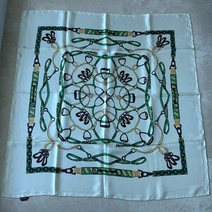 Vintage 1990’s J.McLaughlin Green, Cream & Gold Equestrian Print 100% Silk Scarf
